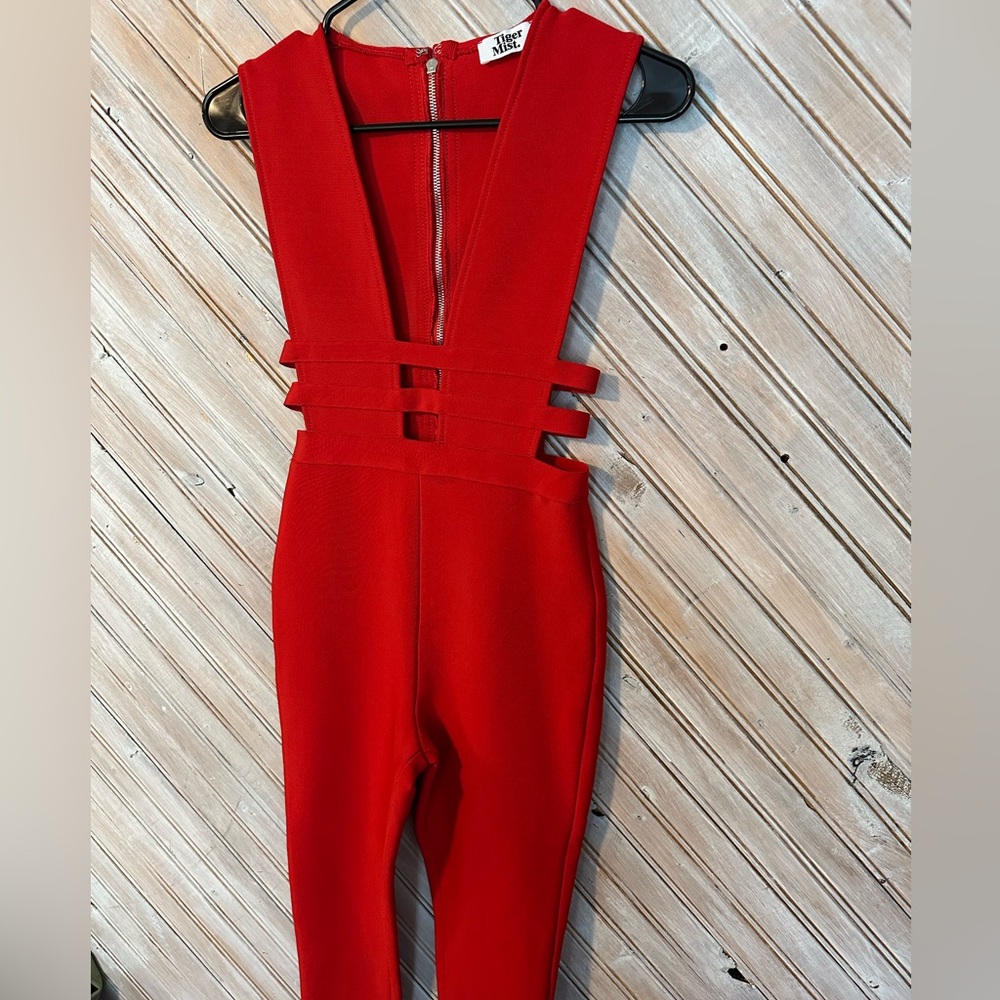 Tiger Mist Vibrant Red Garment Deep V Neck Straps Side Zipper Jumpsuot